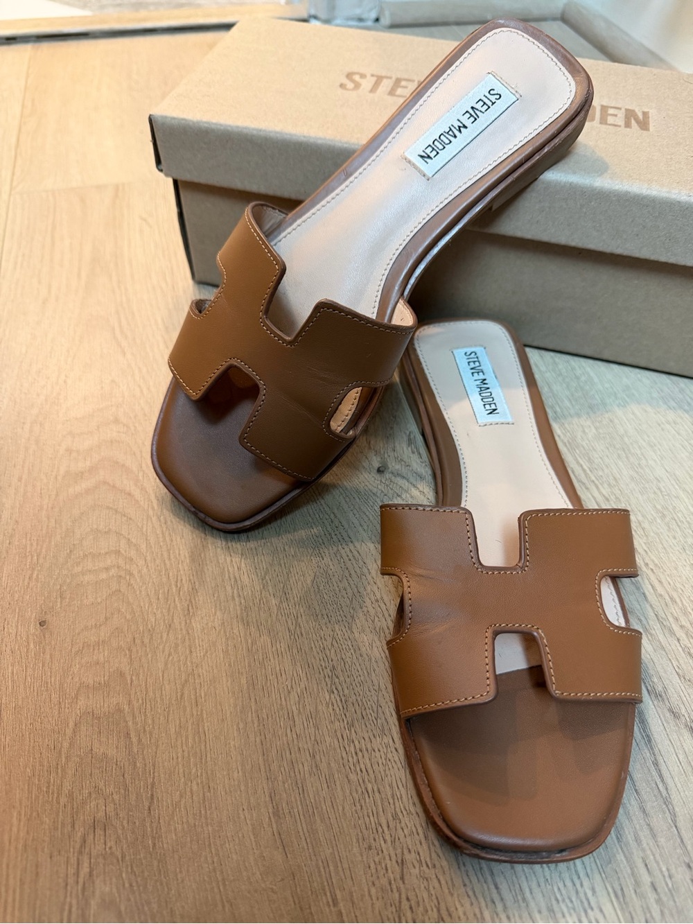 Steve Madden Hadyn Women's Cognac Brown Leather H Slide Sandals
